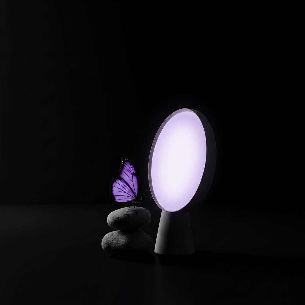 Leadership as a mirror: a purple butterfly resting on stacked stones in front of a glowing round mirror.